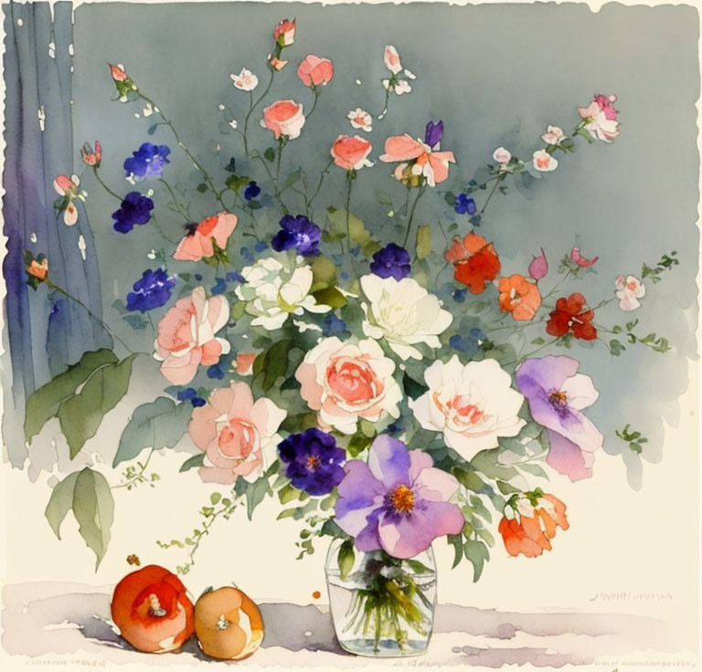 Watercolor Bouquet in Glass Vase with Oranges