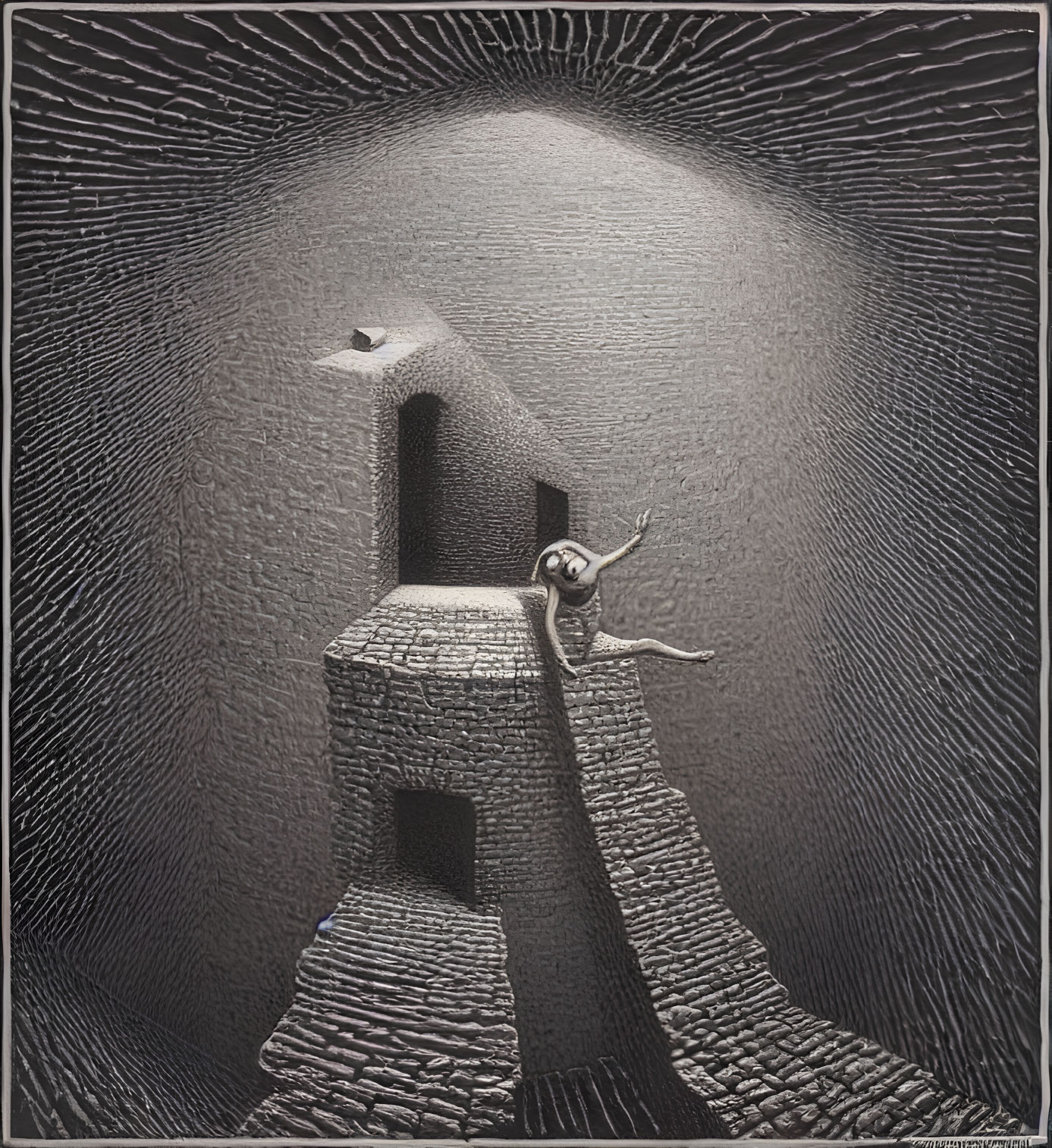 Surreal black and white illustration of figure opening door on Escher-like structure