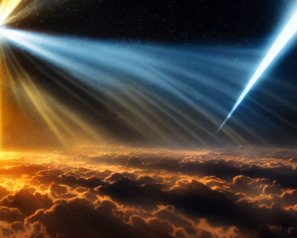 Digital artwork of dramatic sky with starburst and meteor trail over golden-lit clouds