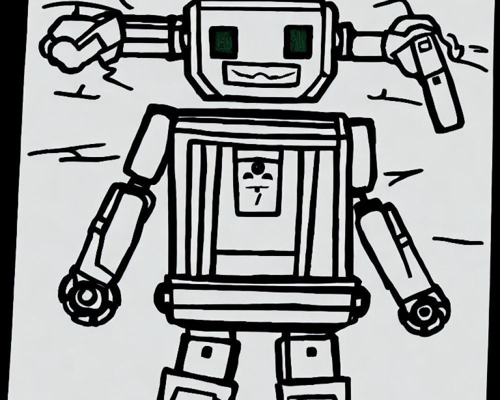 Monochrome line drawing of boxy robot with articulated limbs