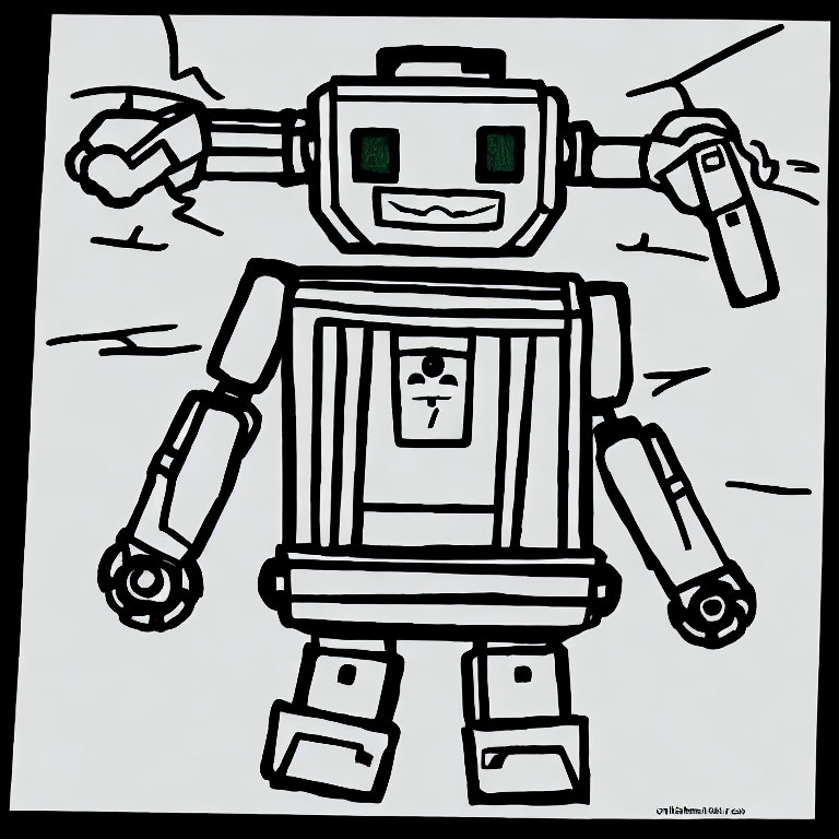 Monochrome line drawing of boxy robot with articulated limbs