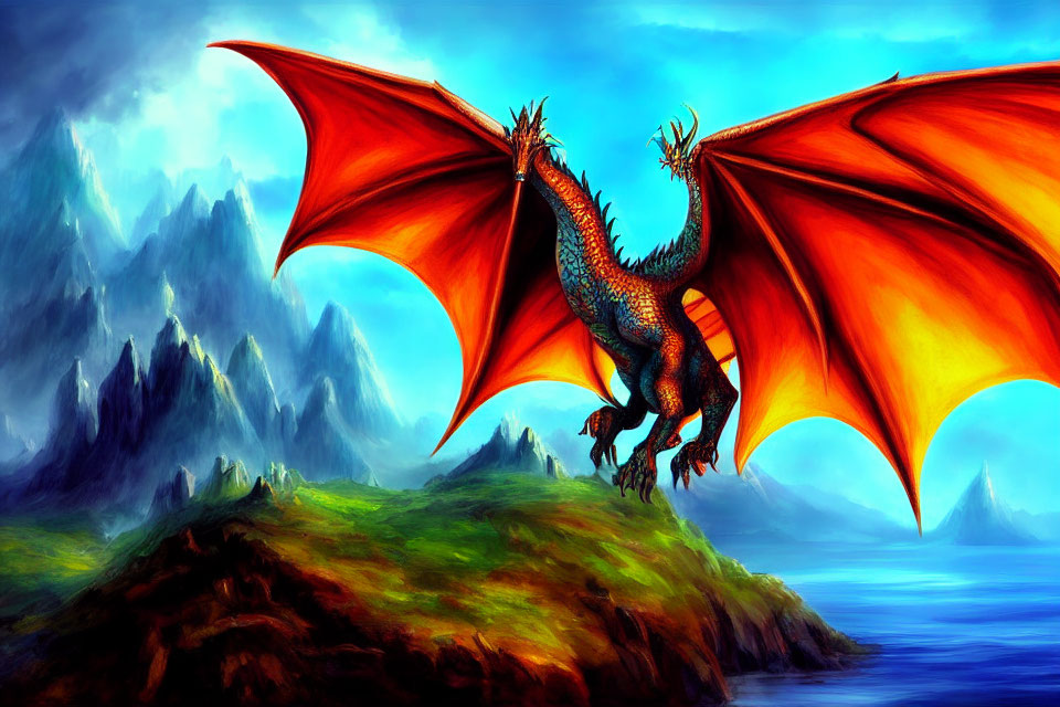 Majestic red-winged dragon flying over green hillside