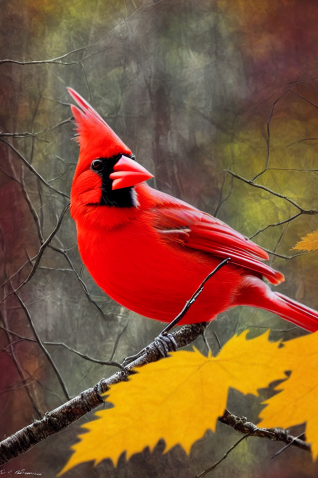 Vivid red cardinal bird on bare branch with autumn leaf in fall setting