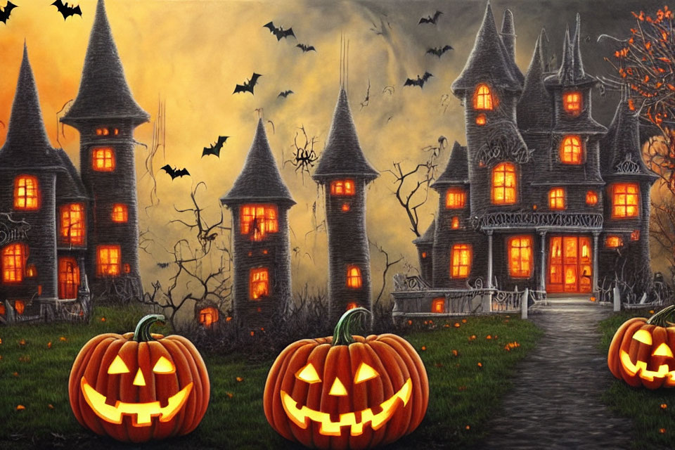 Haunted castle, bats, jack-o'-lanterns in Halloween illustration