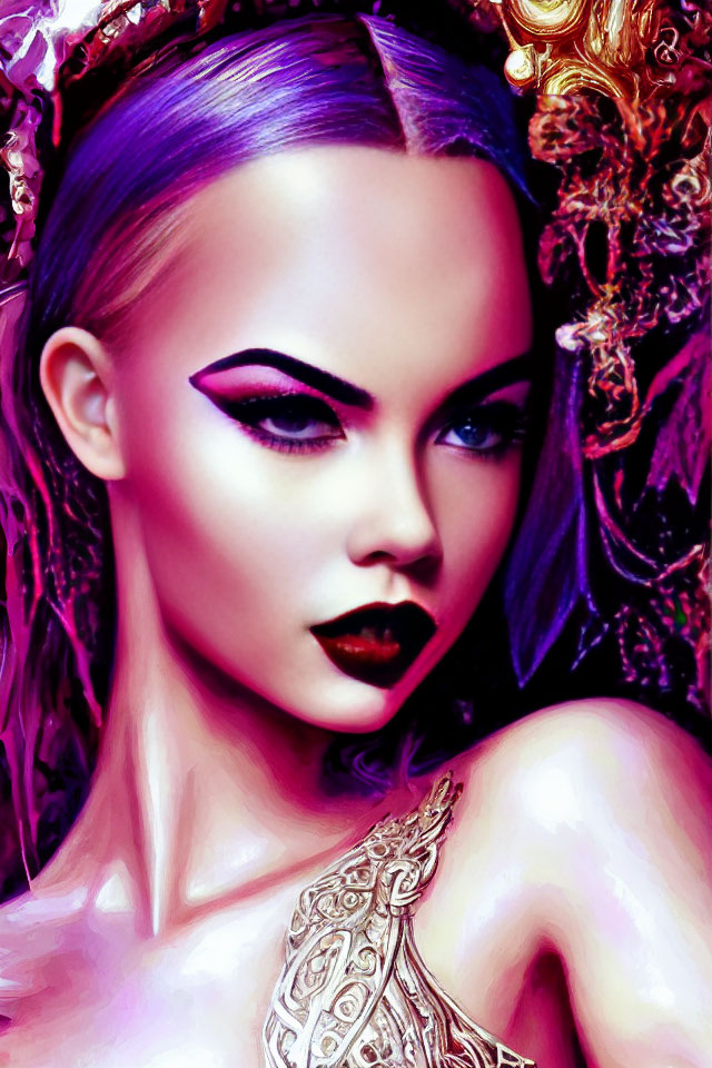 Portrait of woman with purple hair, black eyeliner, dark lipstick, and gold body art