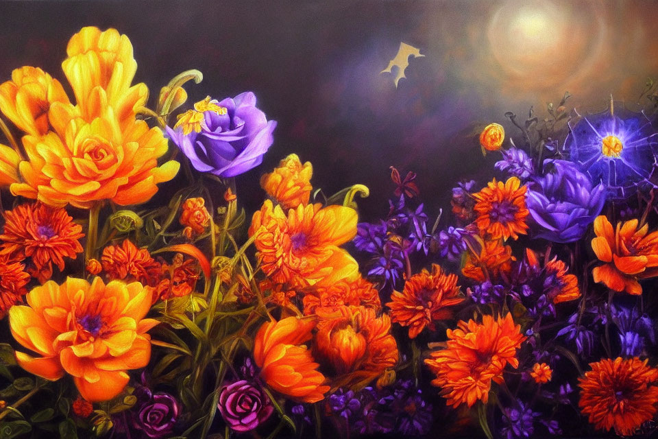 Colorful painting of orange and purple flowers with dreamy background and star shape