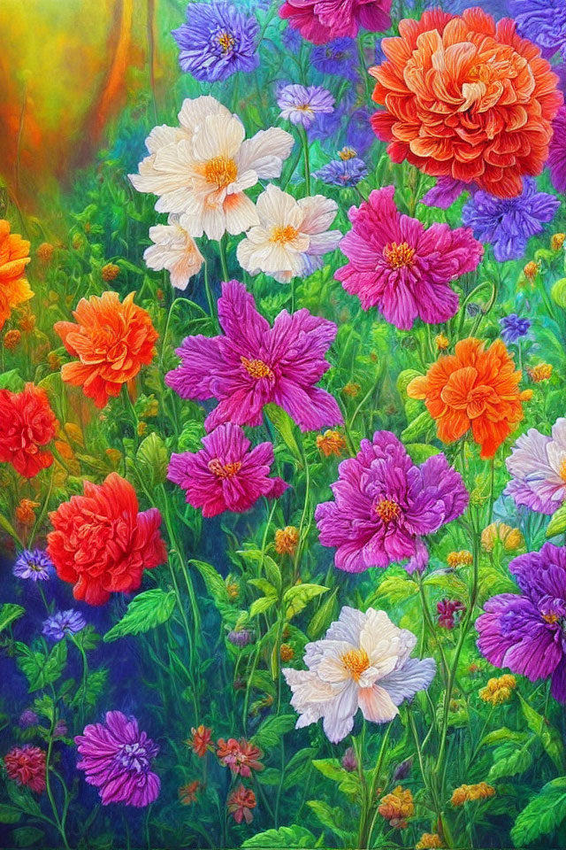 Colorful Garden Painting with Orange, Pink, Purple, and White Flowers