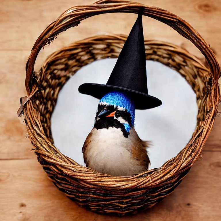 Blue-crested bird in witch's hat perched in wicker basket