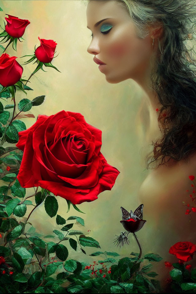 Serene woman with closed eyes beside vibrant red roses on soft background