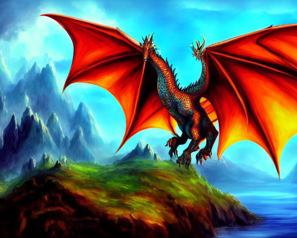 Majestic red-winged dragon flying over green hillside