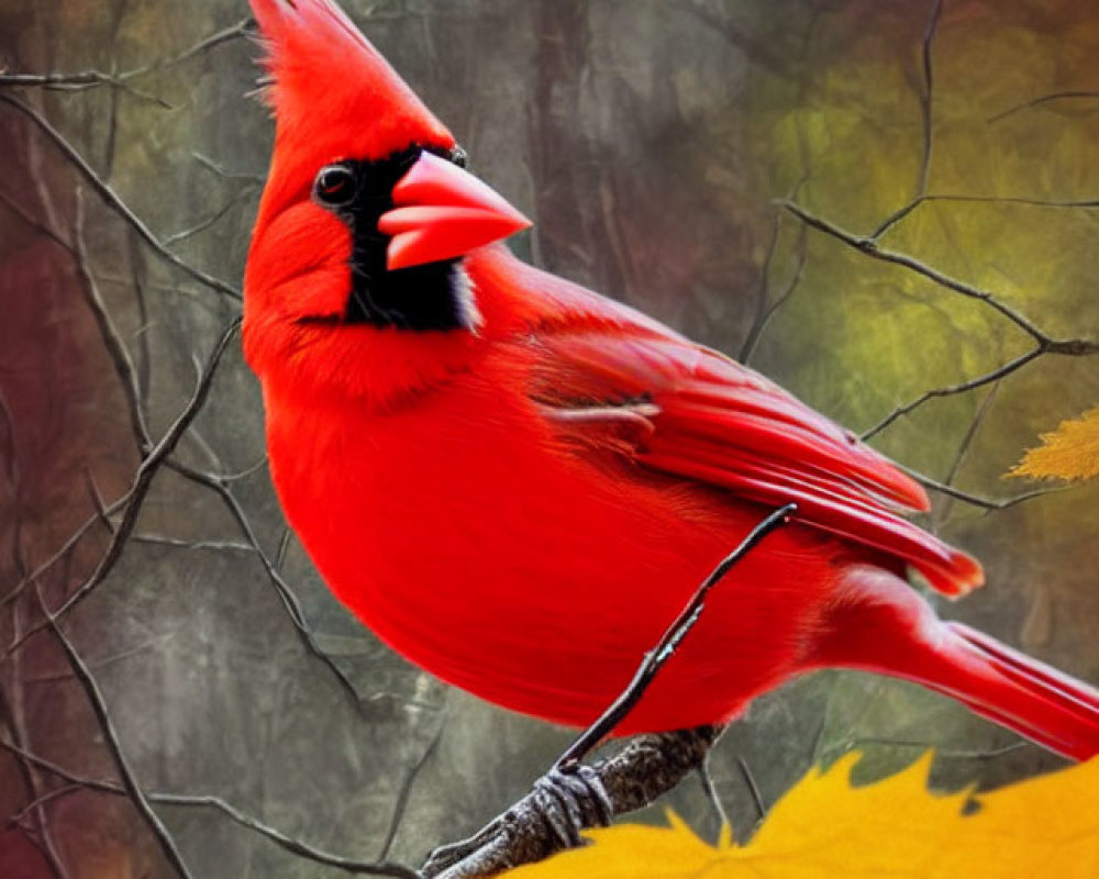 Vivid red cardinal bird on bare branch with autumn leaf in fall setting