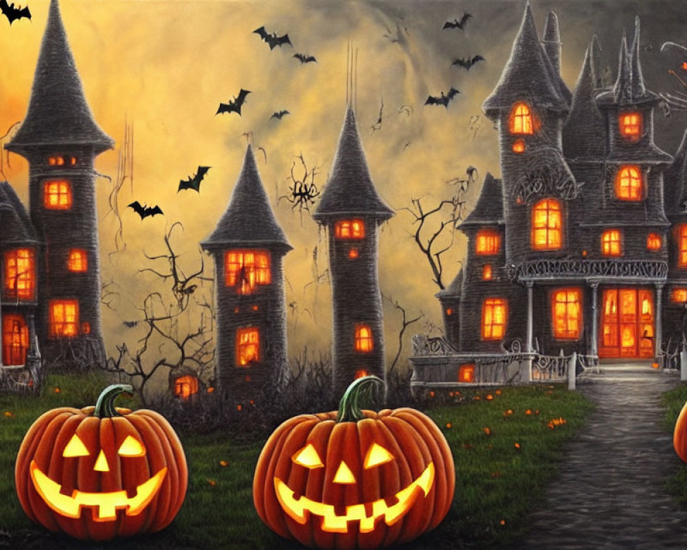 Haunted castle, bats, jack-o'-lanterns in Halloween illustration