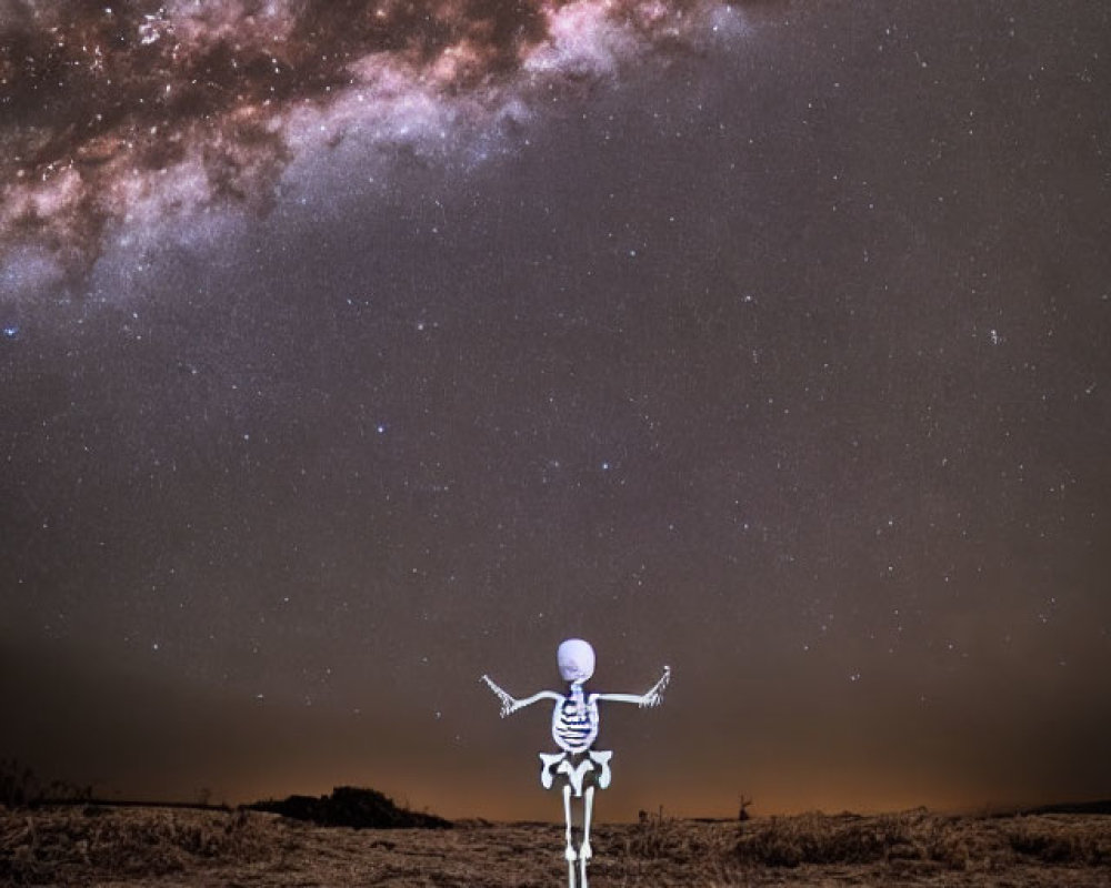 Skeleton under starry sky with Milky Way in barren landscape