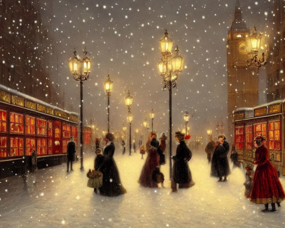 Victorian-era night scene with snow-covered street, streetlamps, double-decker bus, and