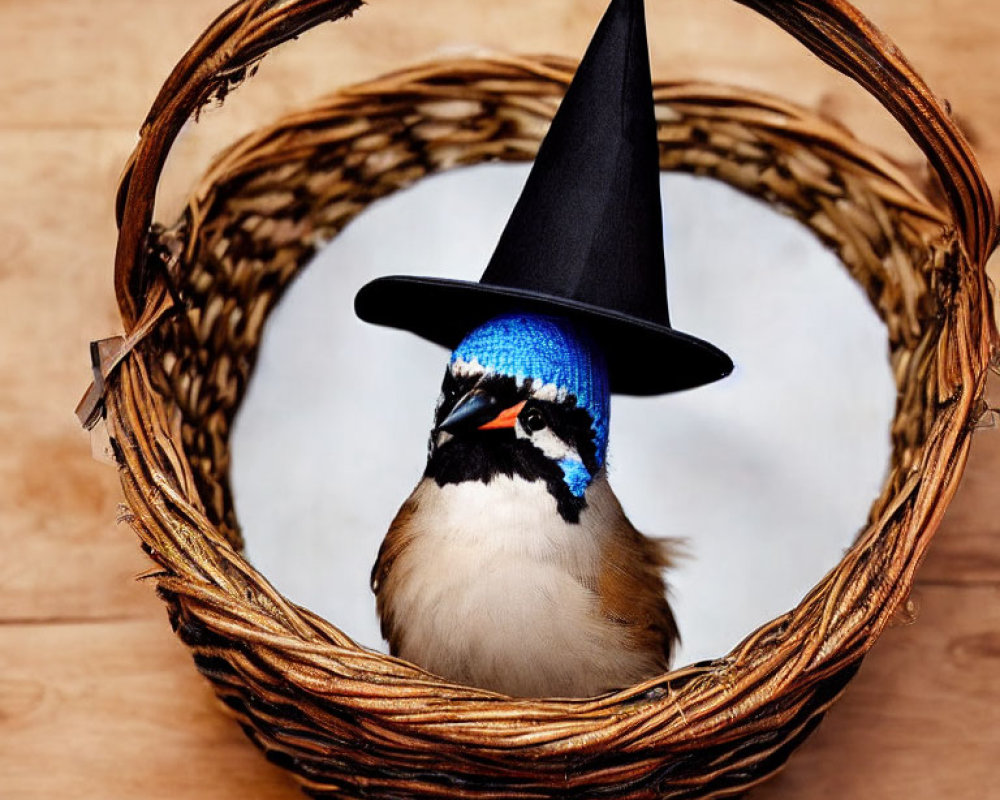 Blue-crested bird in witch's hat perched in wicker basket