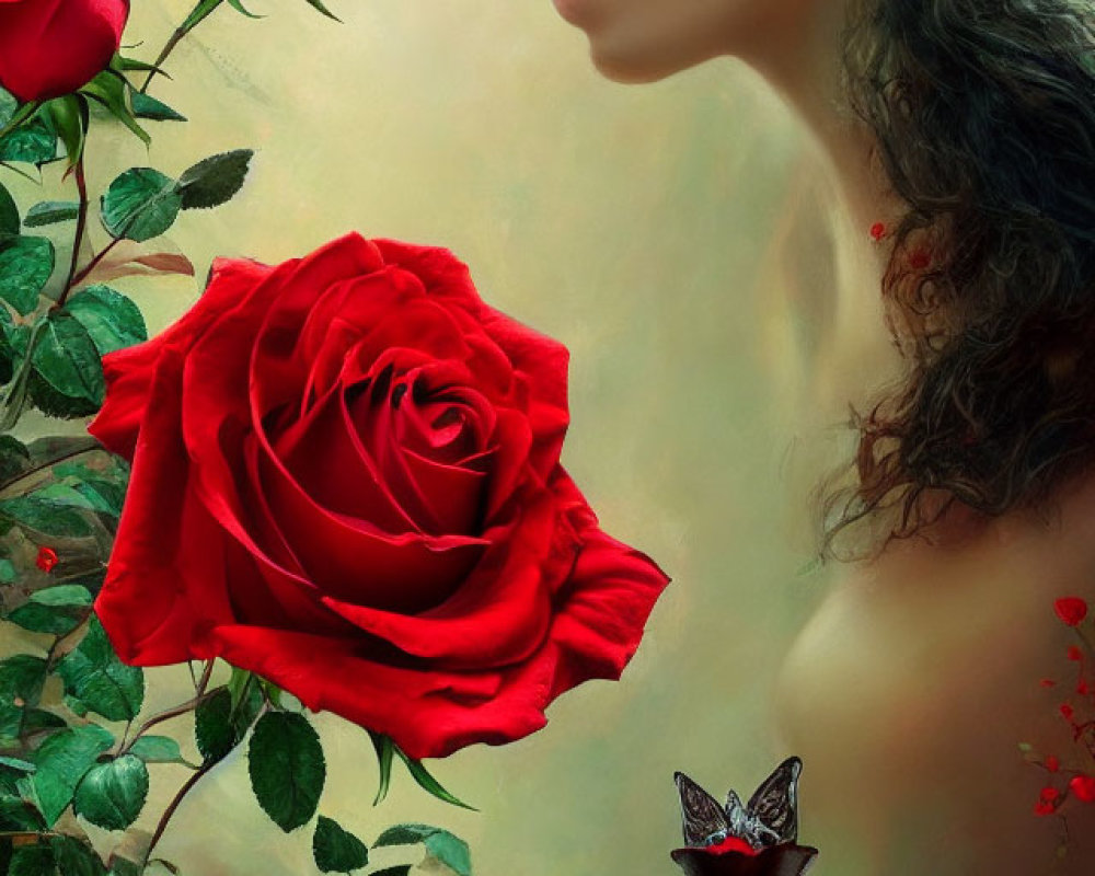 Serene woman with closed eyes beside vibrant red roses on soft background