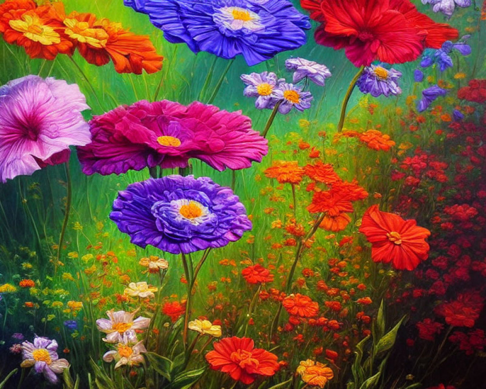 Multicolored Flower Garden with Red, Orange, Blue, and Purple Blooms