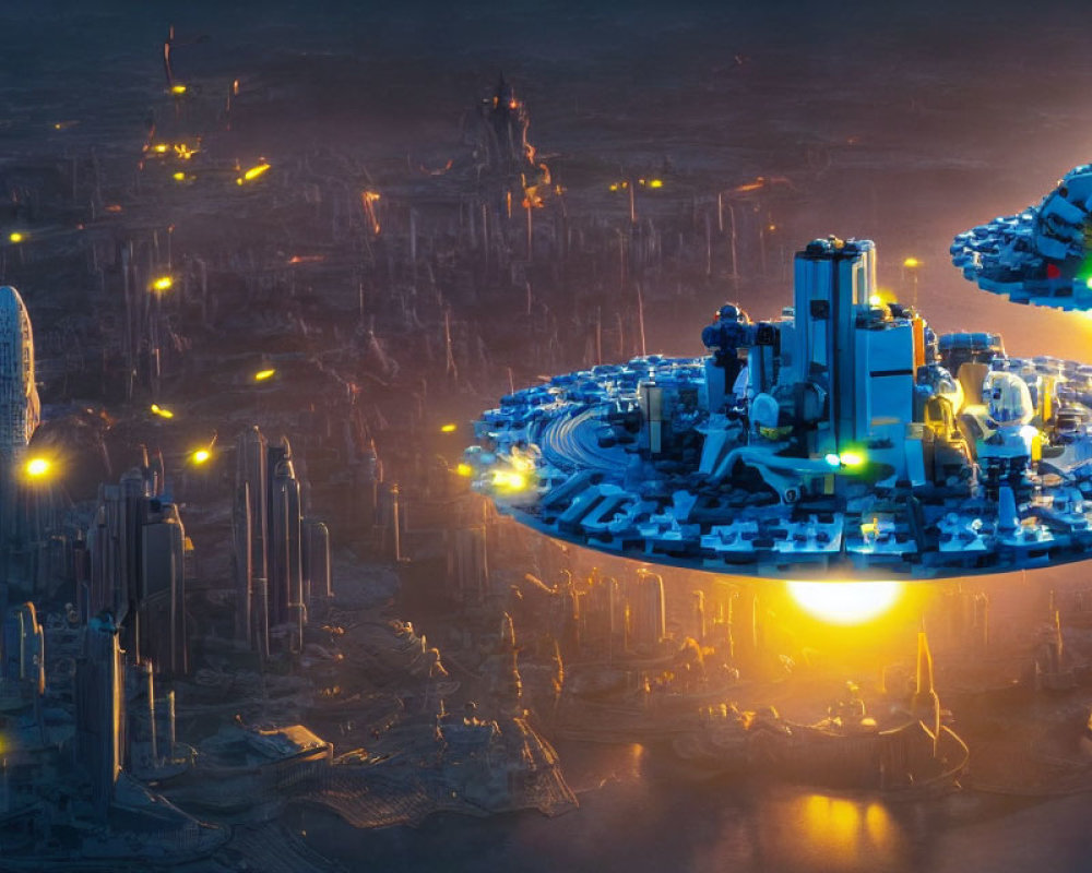 Futuristic twilight cityscape with illuminated skyscrapers and flying saucer-like structures