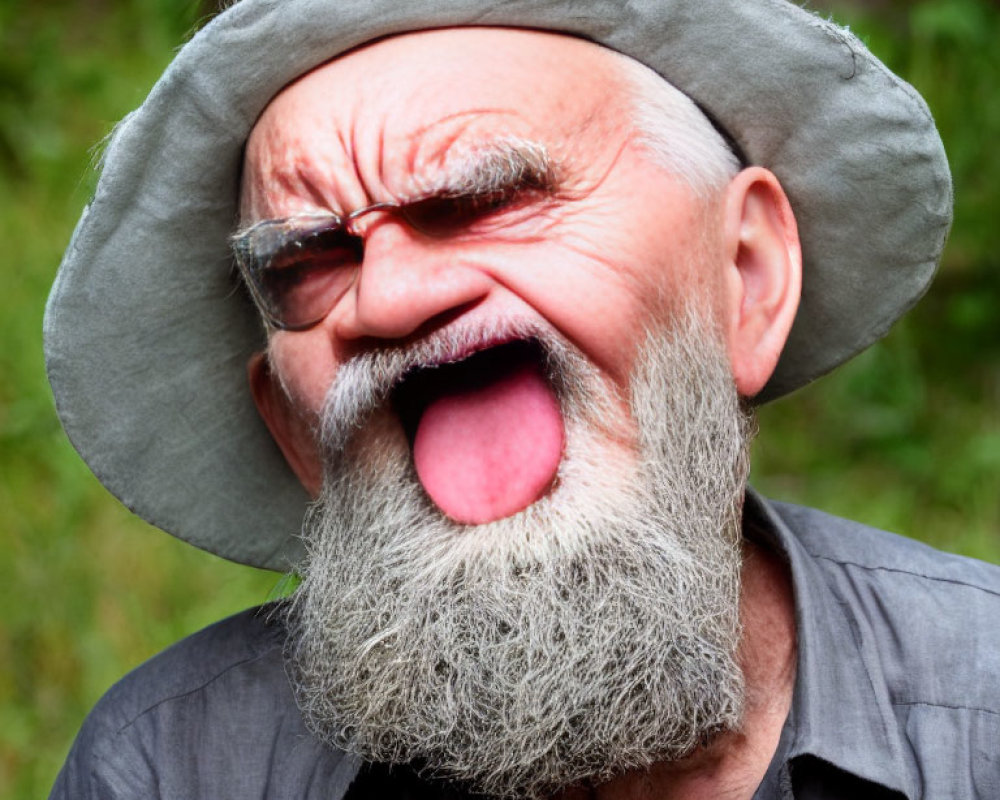 Elderly man with gray beard and sunglasses making funny face