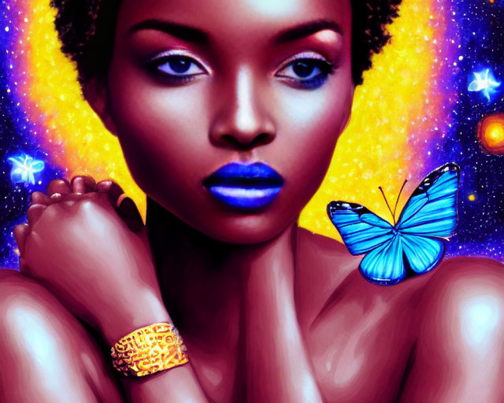 Blue-skinned woman with golden accessories and butterfly in cosmic setting