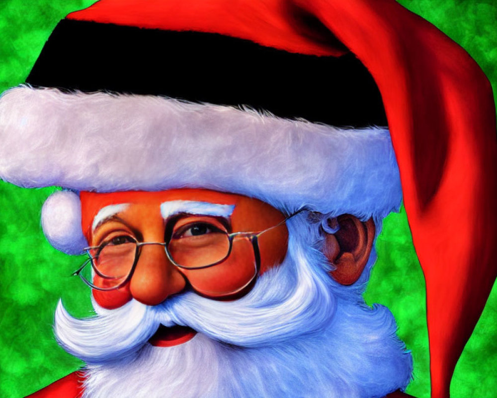 Cheerful Santa Claus with white beard and red hat on green background