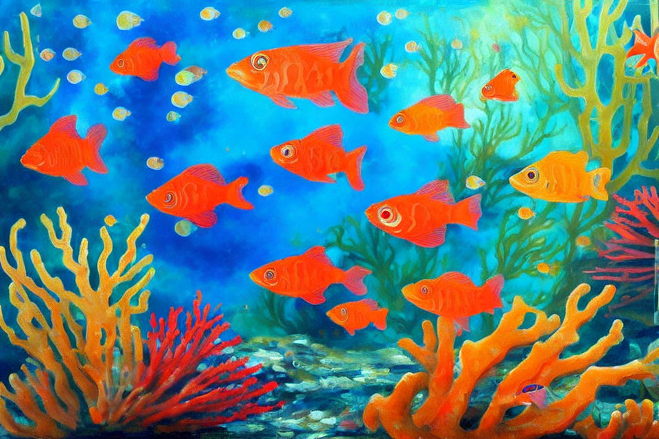 Colorful Underwater Painting: Orange Fish and Vibrant Coral Reef