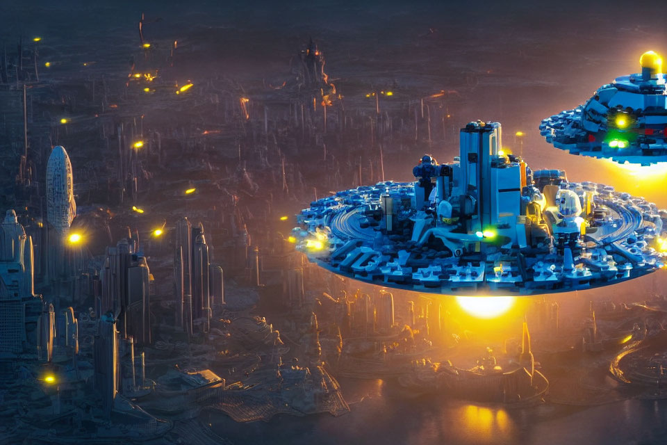 Futuristic twilight cityscape with illuminated skyscrapers and flying saucer-like structures