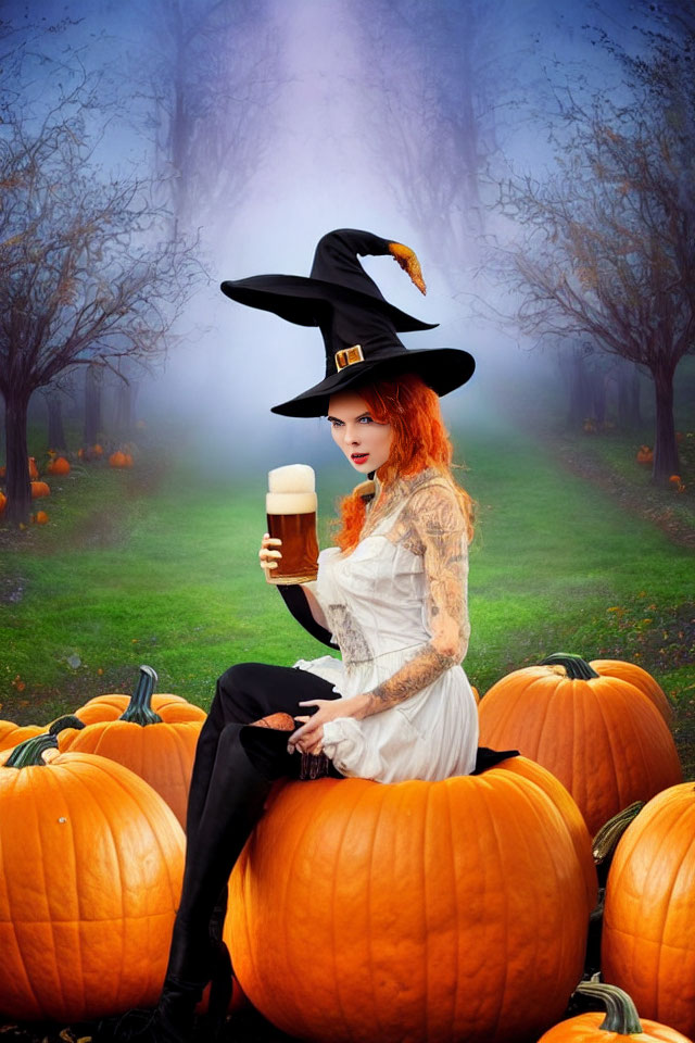 Person in Witch Costume Holding Beer on Pumpkins in Halloween Setting