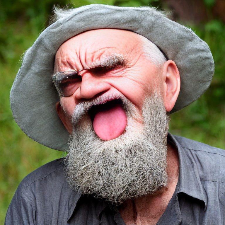 Elderly man with gray beard and sunglasses making funny face