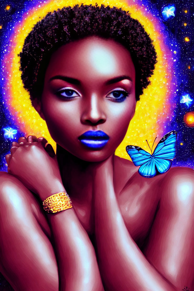 Blue-skinned woman with golden accessories and butterfly in cosmic setting