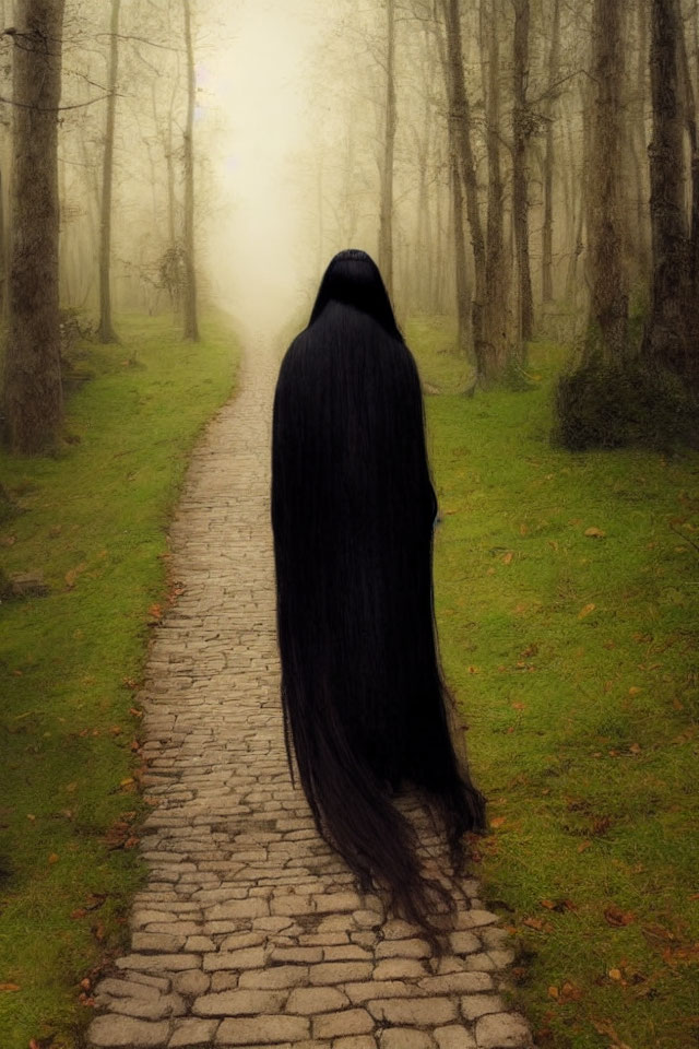 Figure with Long Black Hair on Cobblestone Path in Misty Forest