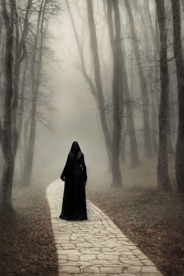 Cloaked figure on cobblestone path in foggy forest