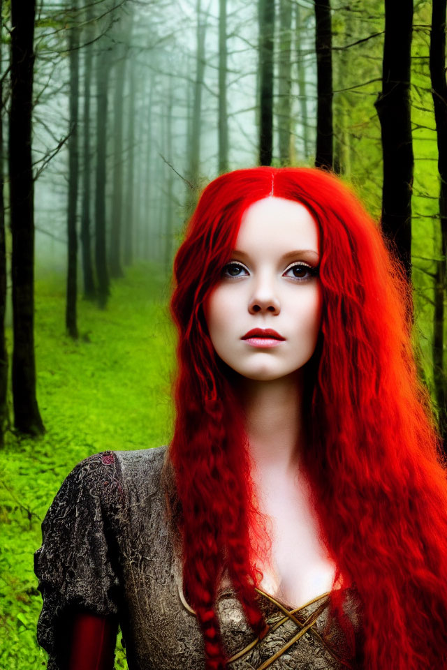 Red-haired person in misty green forest gazes ahead