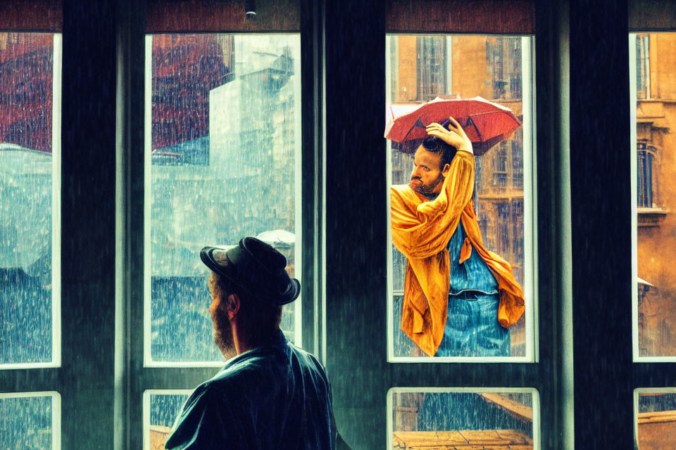 Indoor person gazes at someone with red umbrella in rain through city windowpane