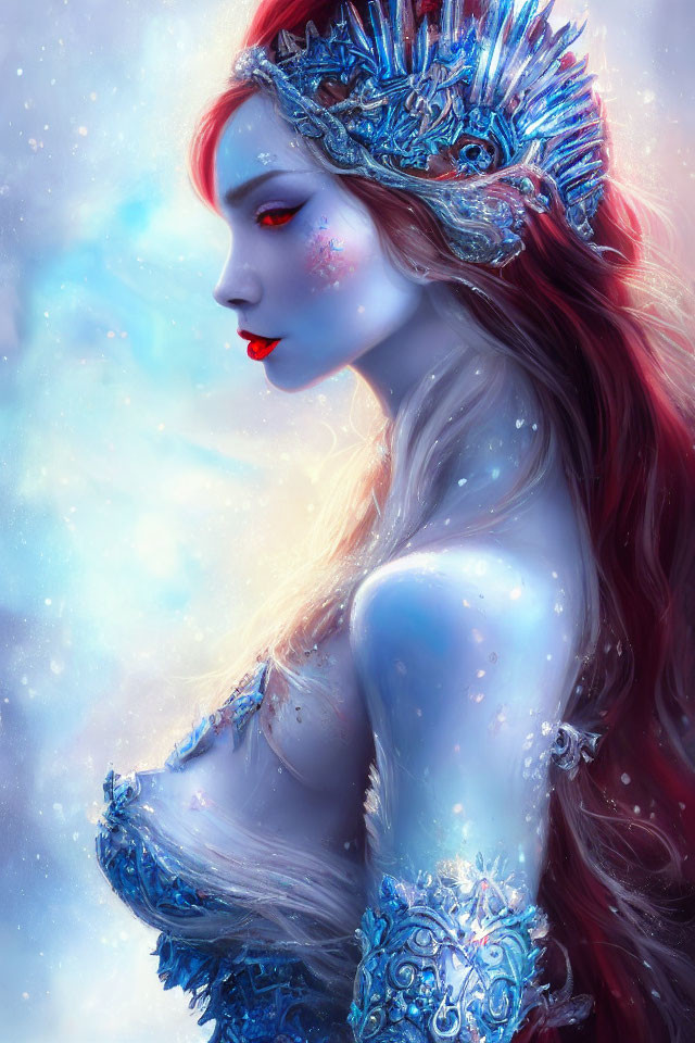 Fantastical woman with blue skin and icy crown on glowing blue background