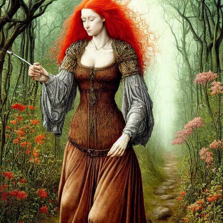 Fiery red-haired woman in medieval dress with sword in mystical forest.