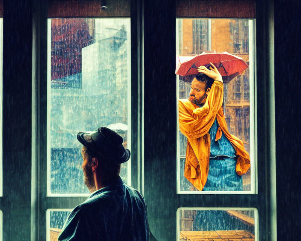 Indoor person gazes at someone with red umbrella in rain through city windowpane