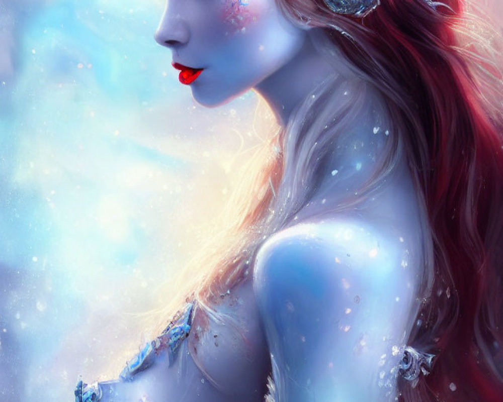 Fantastical woman with blue skin and icy crown on glowing blue background