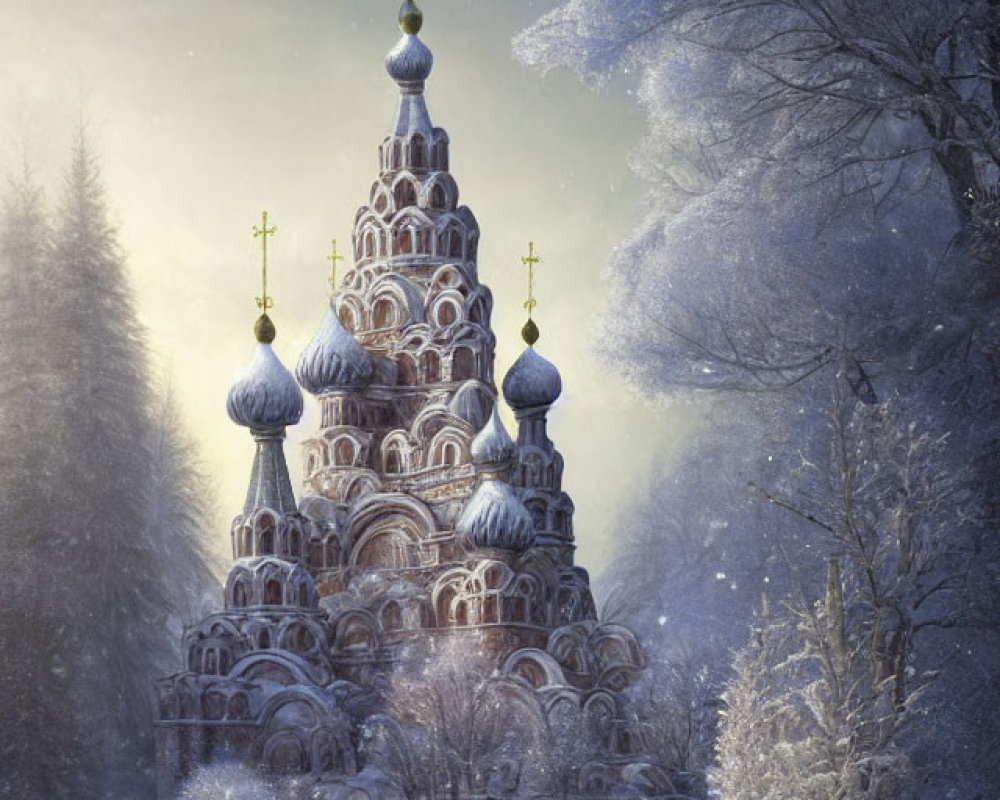 Ornate multi-domed church in snowy landscape with golden crosses and couple sitting under frost-covered trees