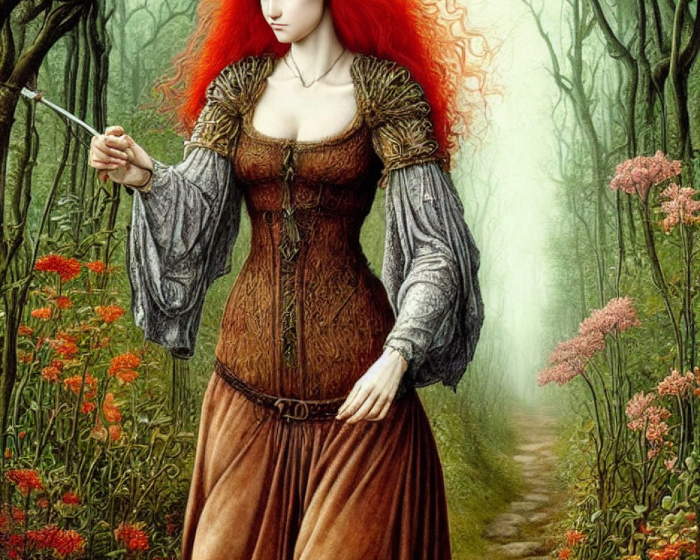 Fiery red-haired woman in medieval dress with sword in mystical forest.