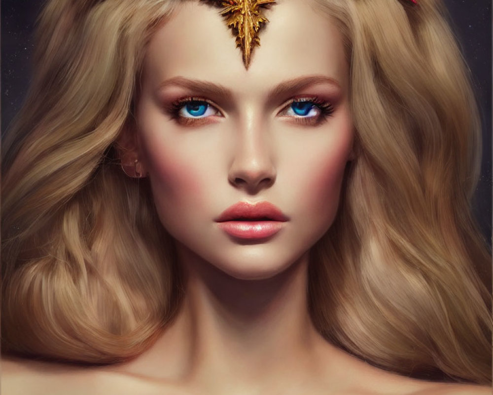 Digital Portrait: Woman with Blue Eyes and Golden Leaf Crown