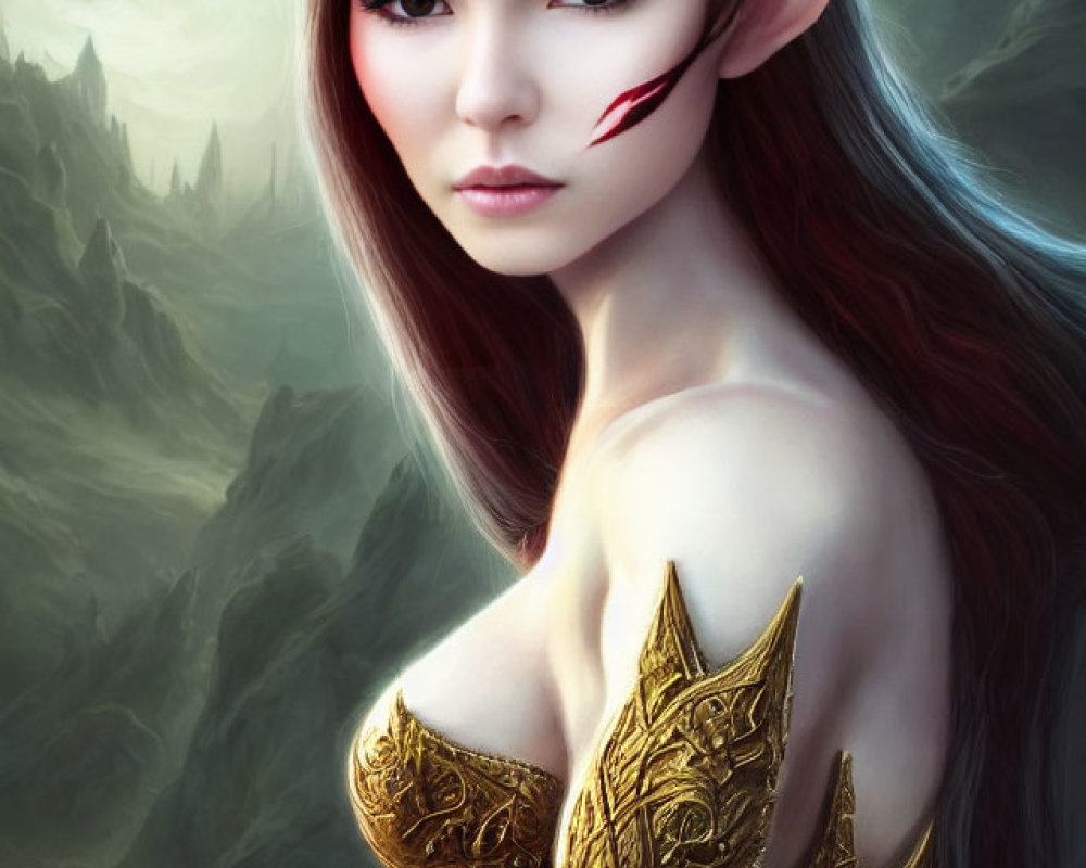 Elven queen digital artwork with golden crown and forest background