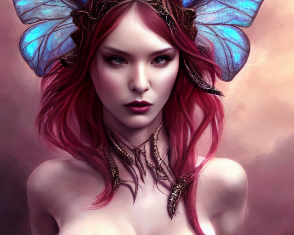 Fantasy digital artwork: Female character with red hair, butterfly wings, and jewelry