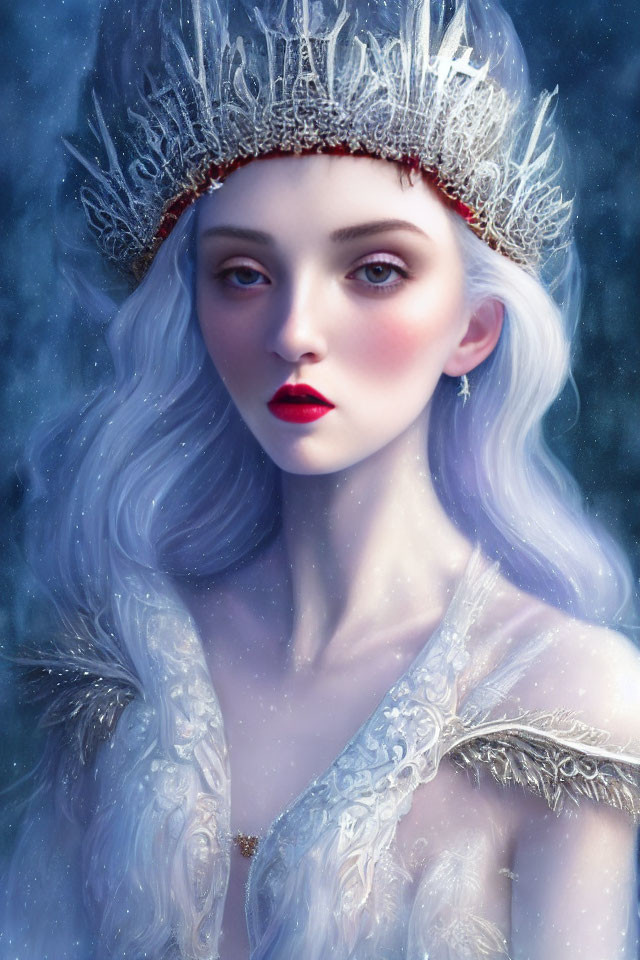 Silver-haired woman in frost-themed attire with crown in snowy setting