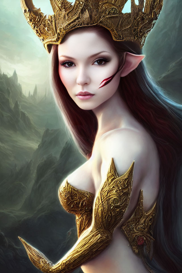 Elven queen digital artwork with golden crown and forest background