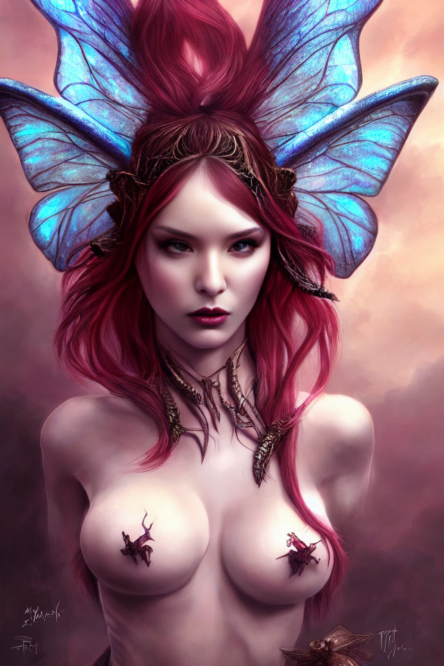 Fantasy digital artwork: Female character with red hair, butterfly wings, and jewelry