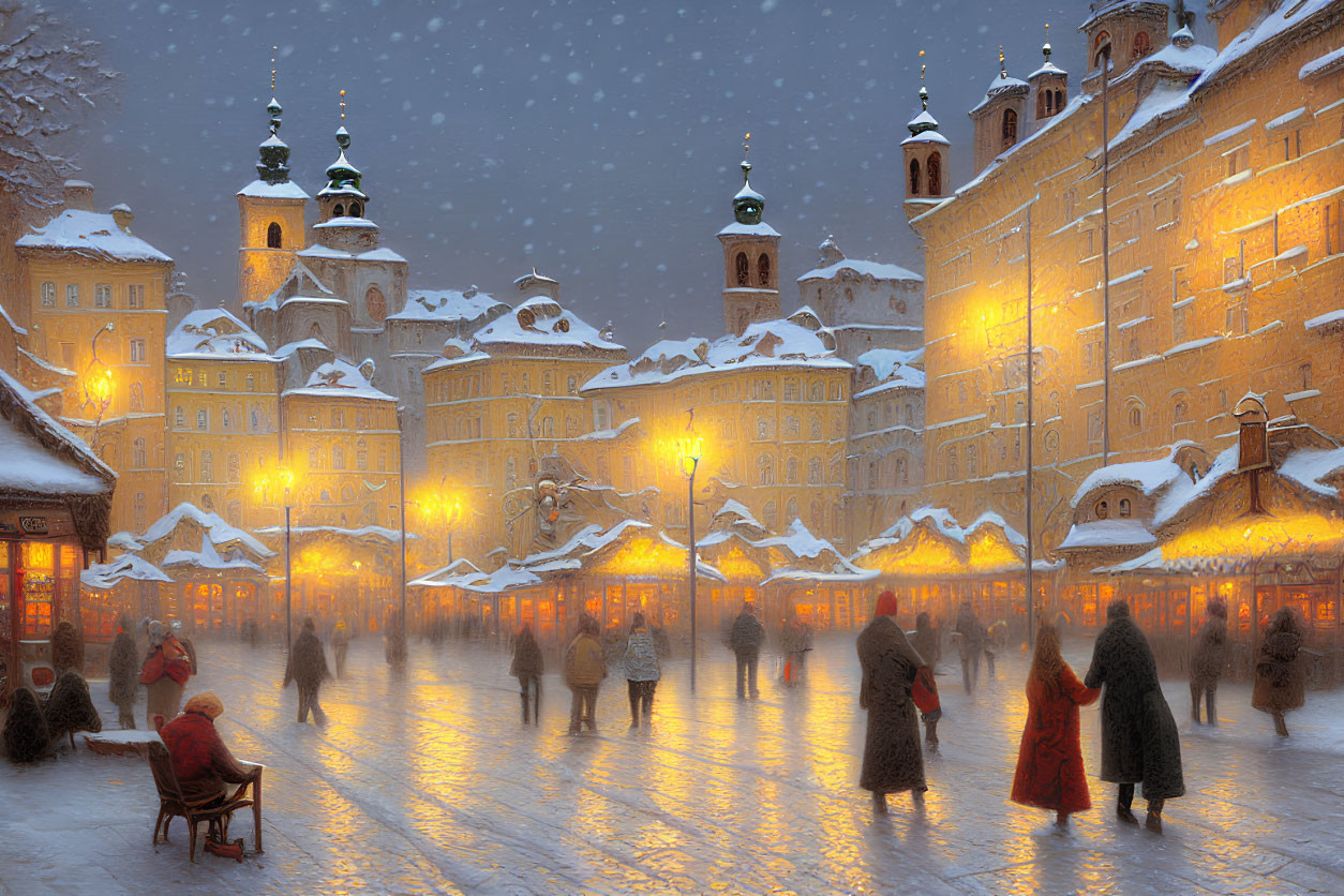 Snow-covered square at night with golden lights, people, and horse-drawn carriage in traditional European setting