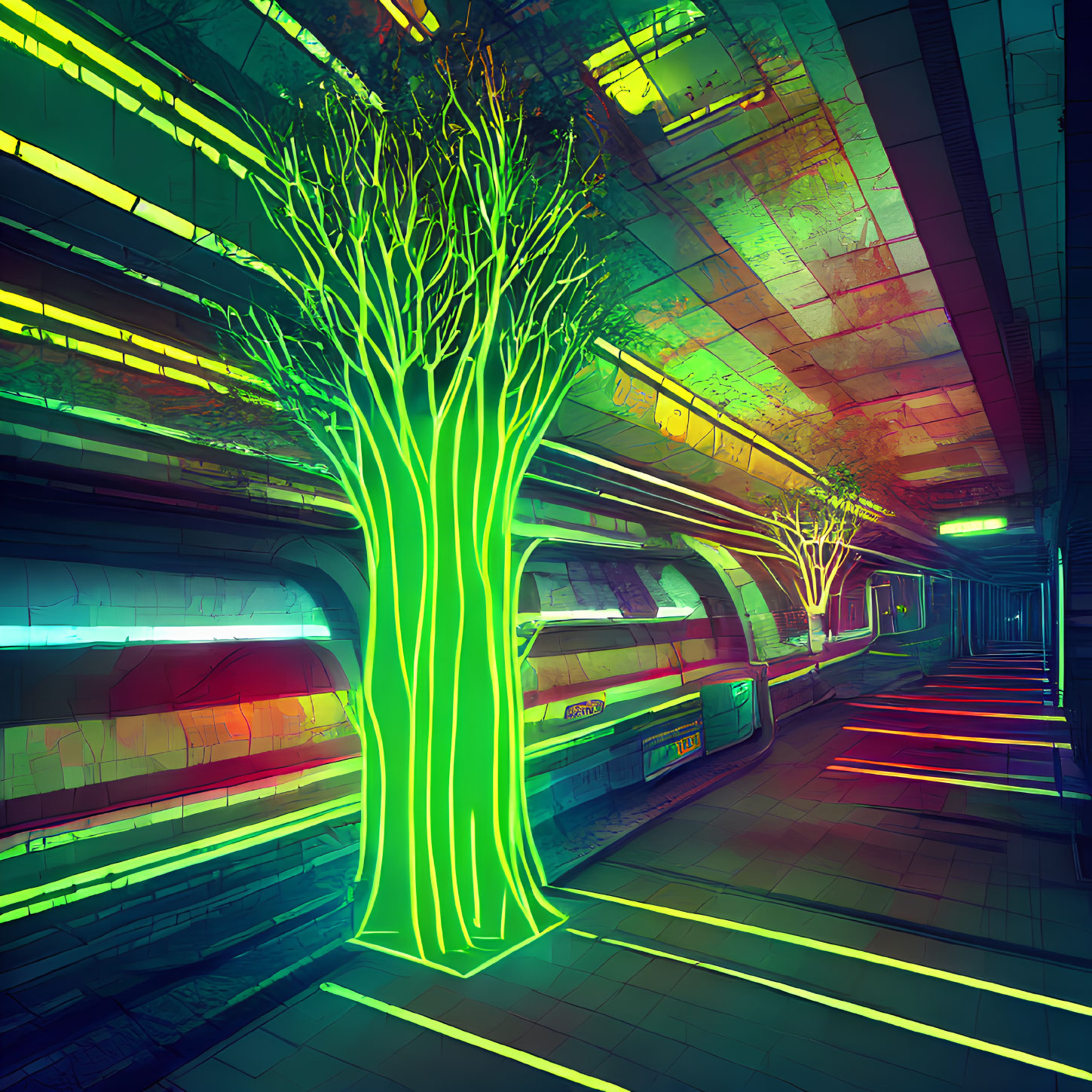 Futuristic subway station with neon-lit trees and moving train