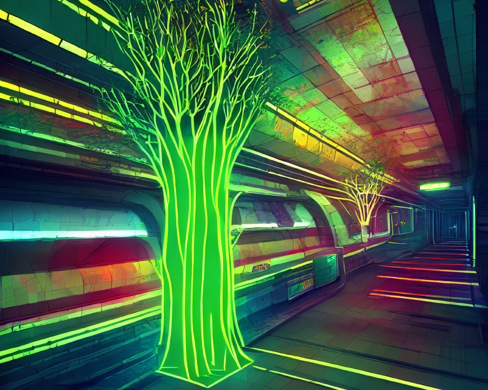 Futuristic subway station with neon-lit trees and moving train