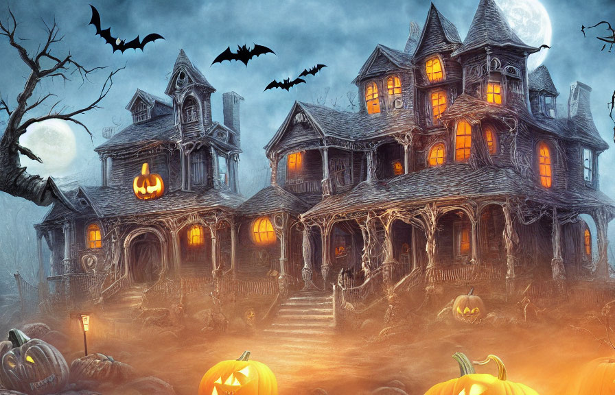 Spooky Halloween-themed haunted house with jack-o'-lanterns, bats, and full moon